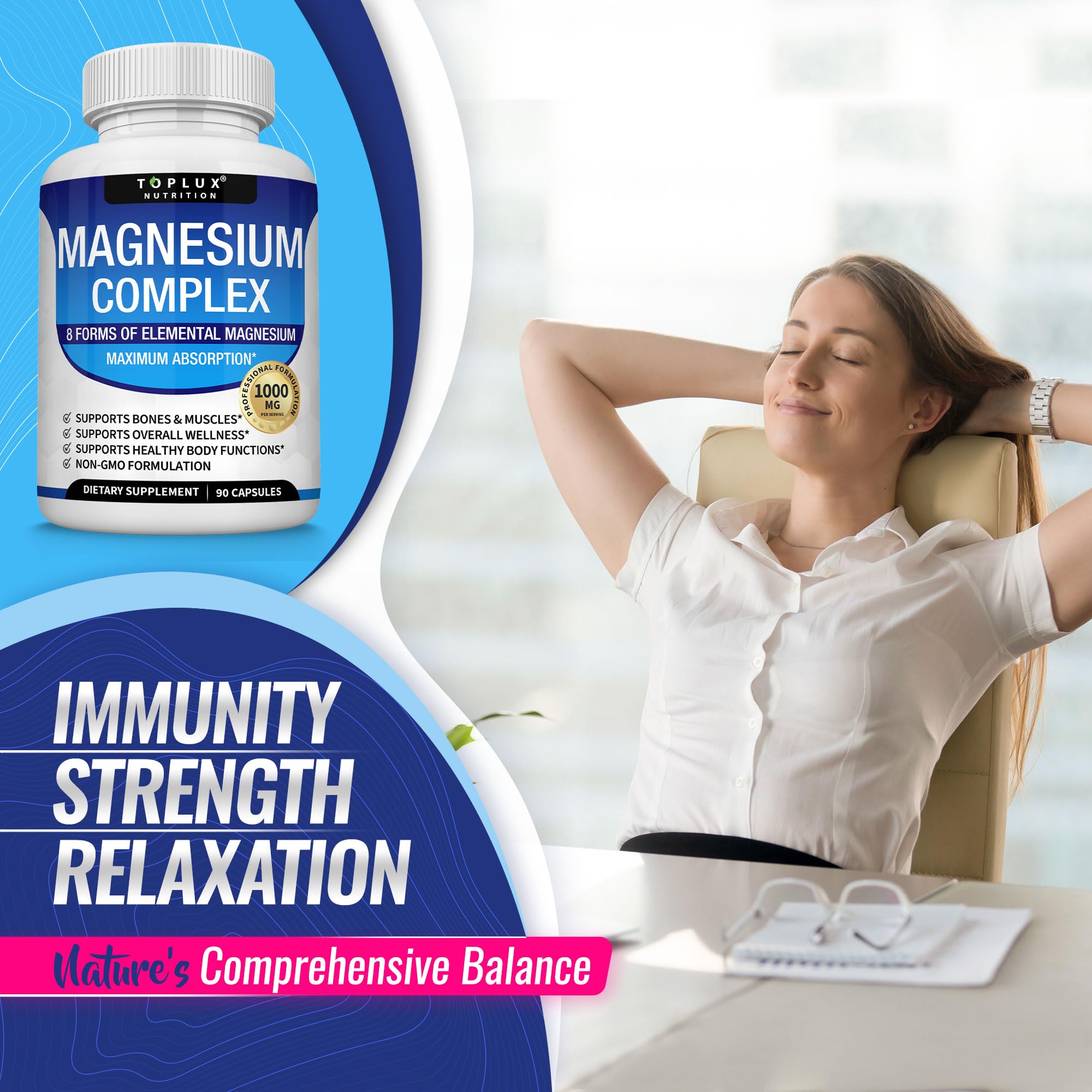 Magnesium Complex Supplement 8 Elemental 1000mg - Magnesium Glycinate, Citrate, Malate, Taurate, Chelated for Easy Absorption for Bones, Muscle, Recovery, Energy, Vegan Non-GMO 90 Capsules
